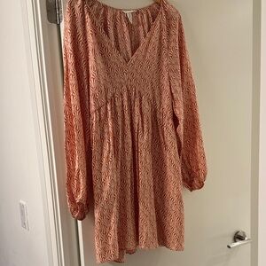 Orange Patterned Long Sleeve Dress